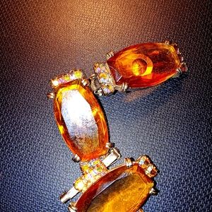 Vintage Topaz Glass Clip Earrings and Pin set